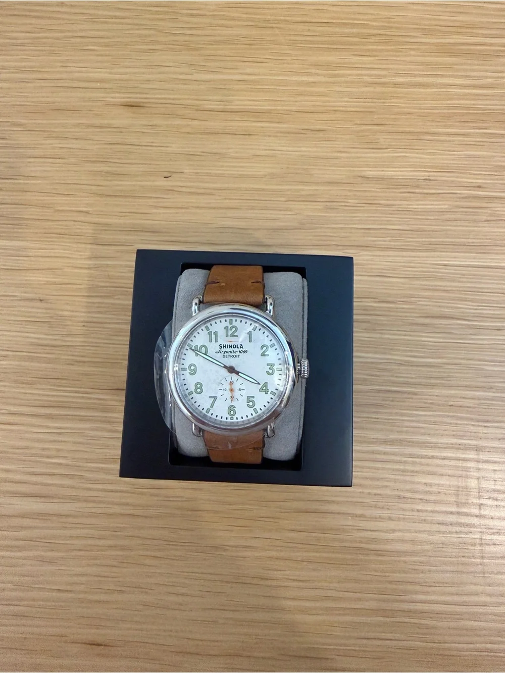 Shinola Brown Leather Strap Watch with White Dial and Green Numerals